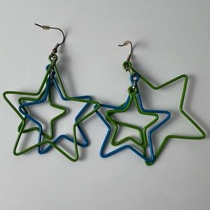 Blue Green Metal Star Pierced Earrings